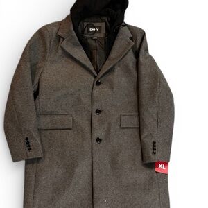 NWT DKNY Men's Charcoal heavy zip up/ button up Pea Coat with hood